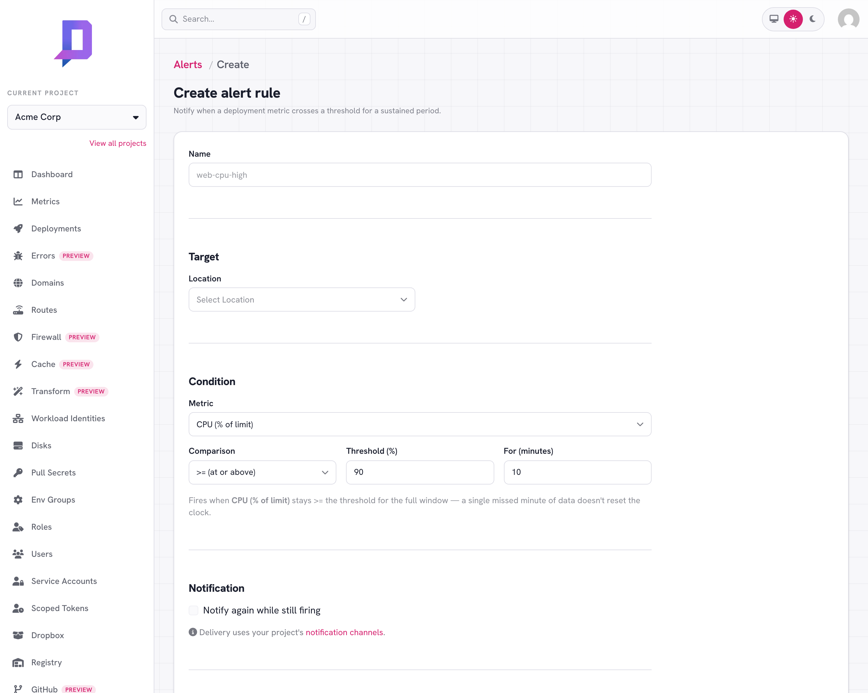 The create-alert-rule form