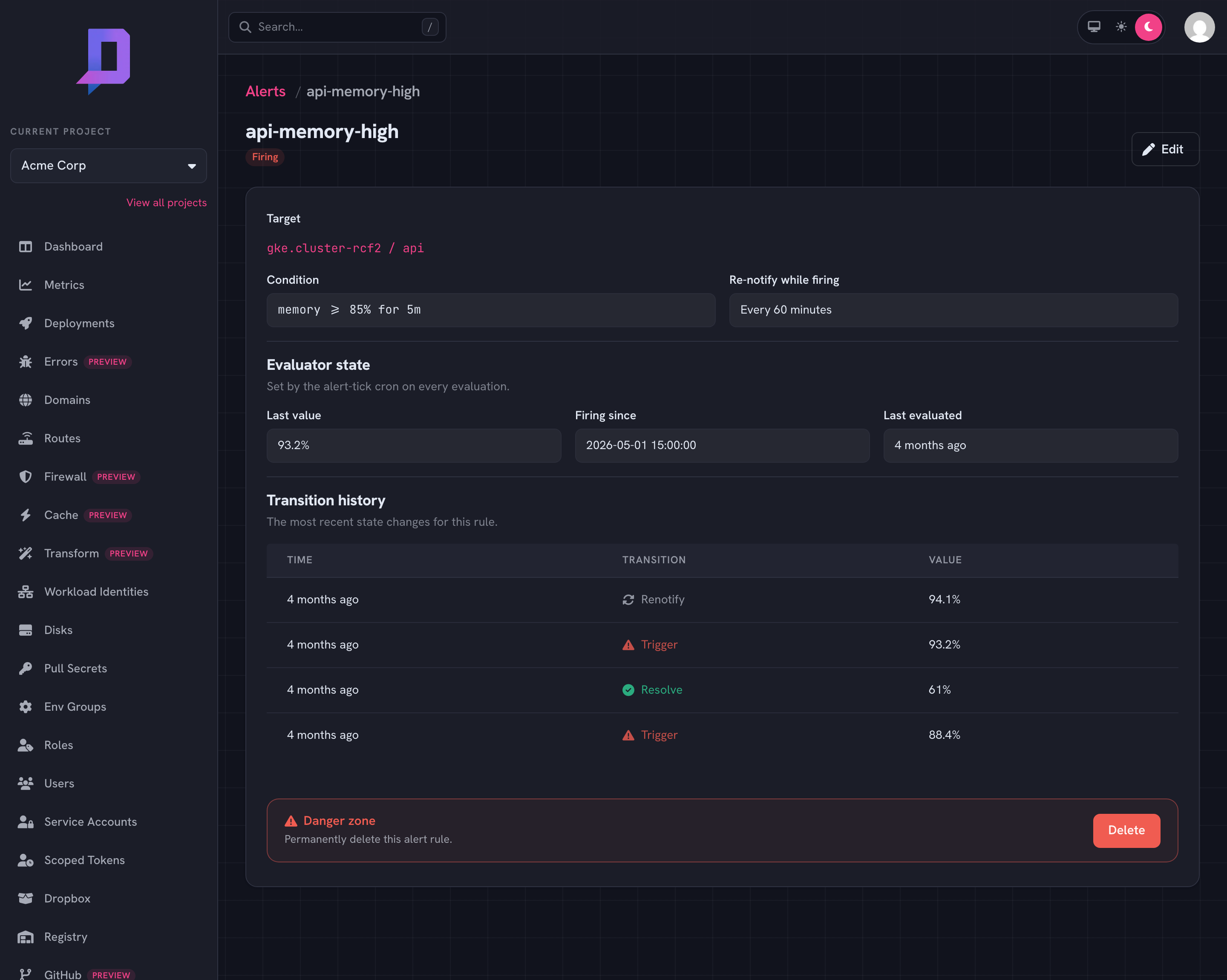 An alert rule detail page while firing, with evaluator state and transition history