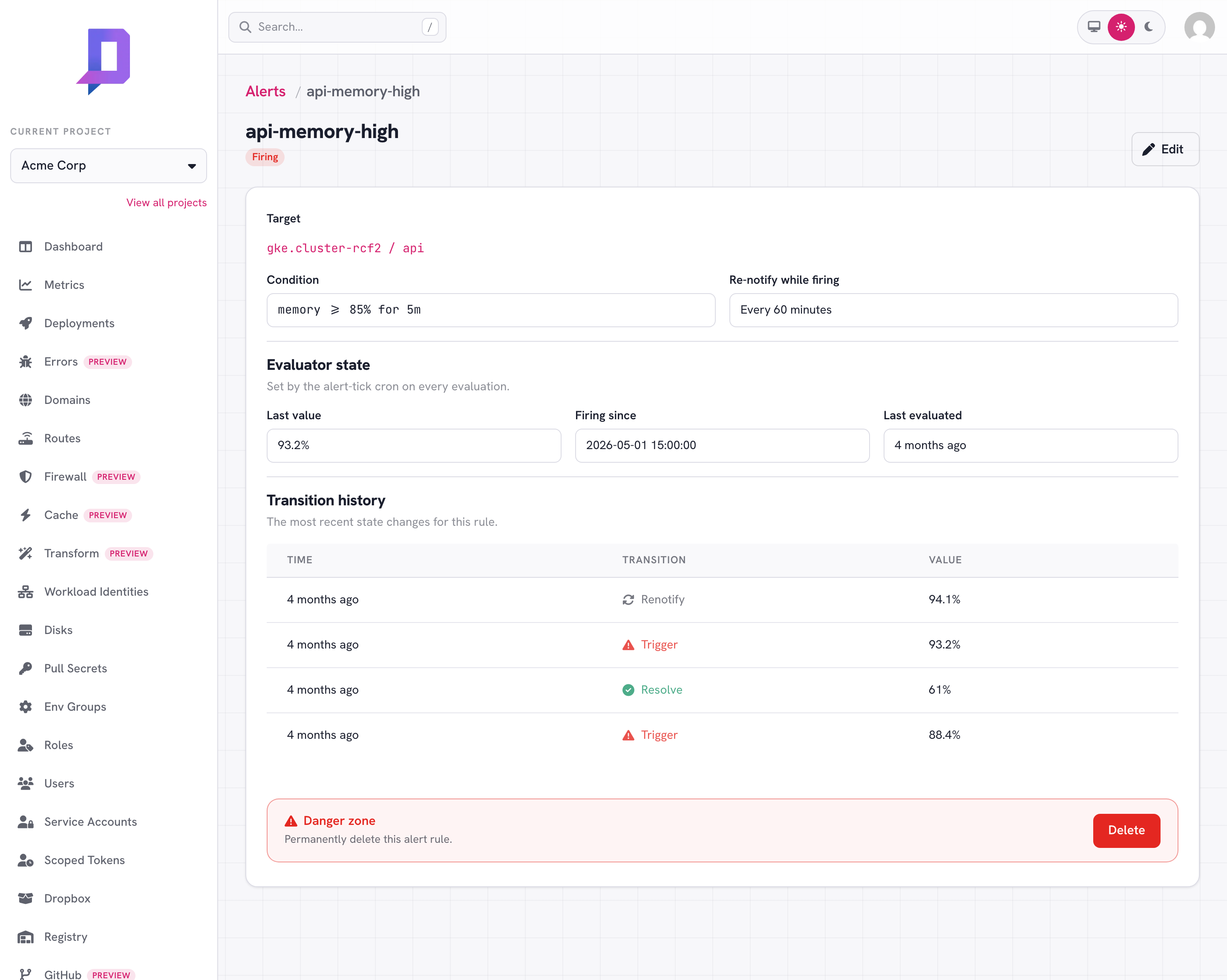 An alert rule detail page while firing, with evaluator state and transition history